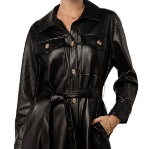 Bohme Black Vegan Leather Button Front Corpcore Goth Fall Midi Dress Jacket - Picture 6 of 13